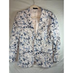 Cielo Mens 36R Blue White Abstract Marble Print Linen Blend Blazer Jacket modern